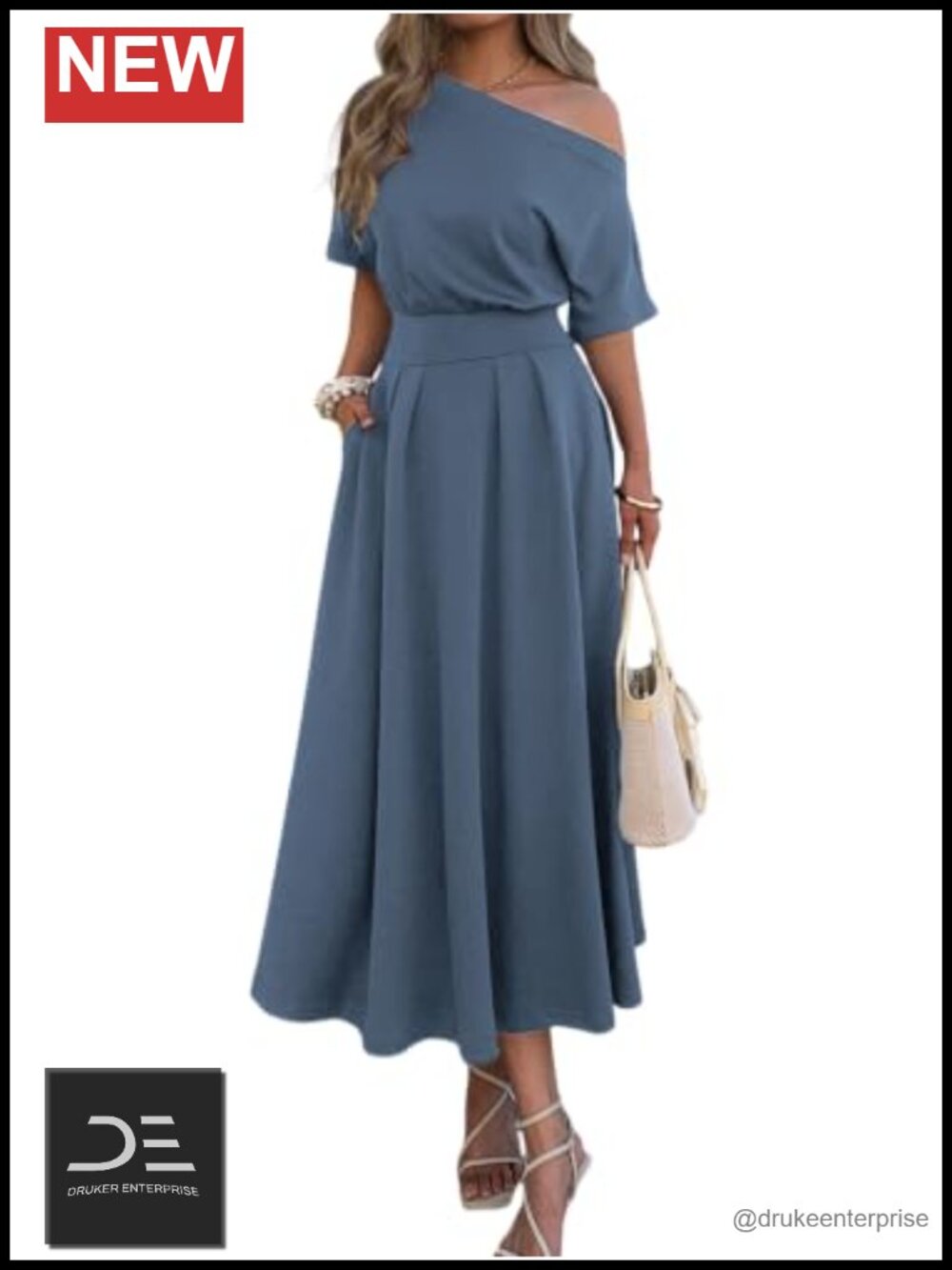 One Shoulder Empire Waist Maxi Dress with Pockets A-Line Pleated
